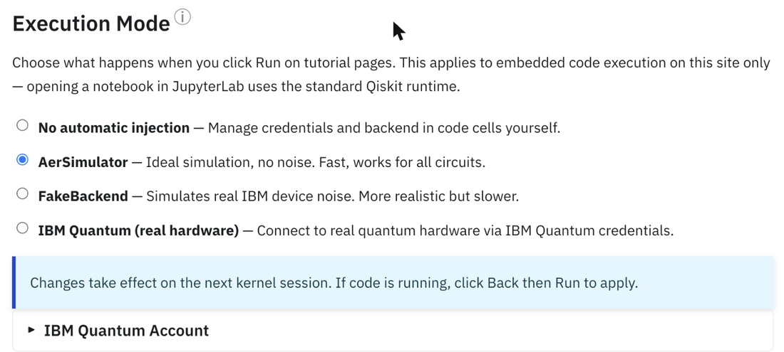 הגדרת מצב ההרצה: AerSimulator, FakeBackend או IBM Quantum (חומרה אמיתית).